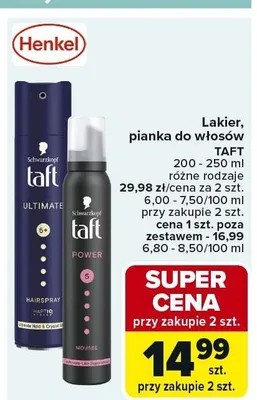 Lakier, pianka do włosów TAFT 200-250 ml promocja w Carrefour