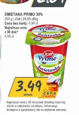 Śmietana Primo Zott 30% promocja w Słoneczko