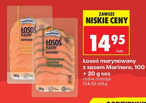 Łosoś marynowany w plastrach Marinero z pieprzem i sosem musztardowo-miodowym promocja w Biedronka
