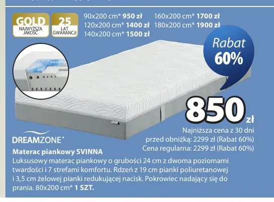 Materac piankowy Svinna 80x200 cm Dreamzone promocja w Jysk