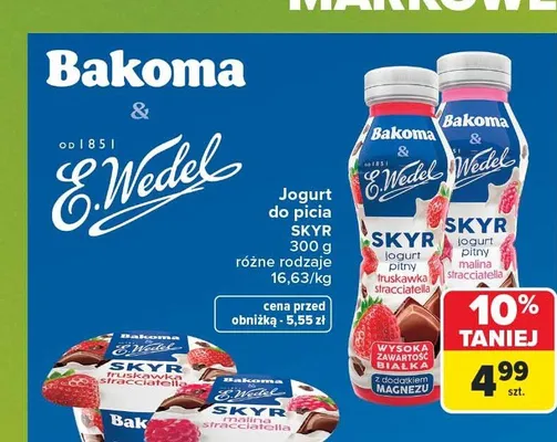 Jogurt do picia Skyr Bakoma & E.Wedel malina stracciatella promocja w Carrefour