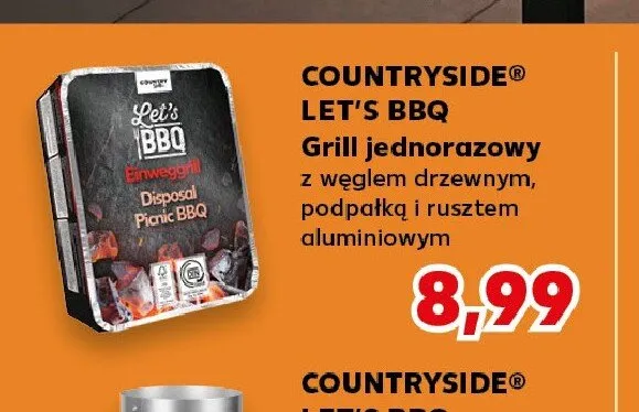 Grill jednorazowy z węglem drzewnym podpałką i rusztem aluminiowym COUNTRYSIDE LET'S BBQ promocja w Kaufland