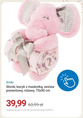 Zestaw prezentowy kocyk z maskotką Słonik Smiki różowy 75x90 cm promocja w Smyk