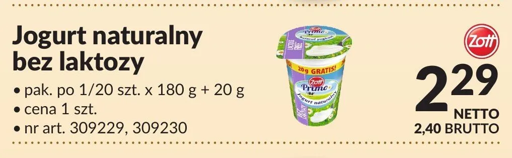 Jogurt naturalny bez laktozy Zott promocja w Makro
