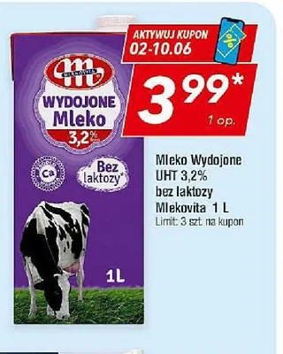Mleko Wydojone UHT 3,2% bez laktozy Mlekovita promocja w LEWIATAN