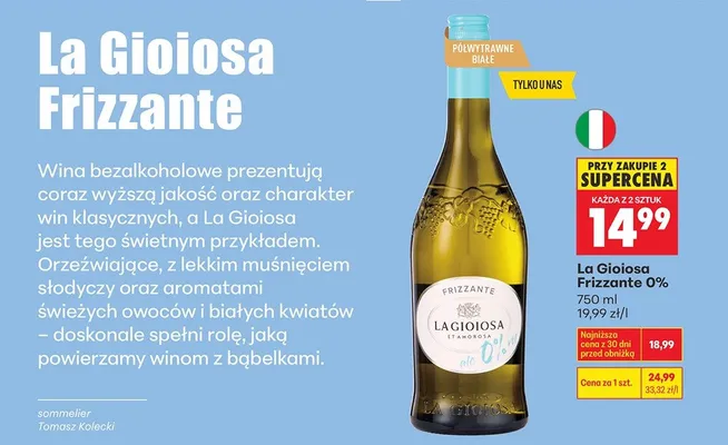 Wino La Gioiosa Frizzante 0% promocja w Biedronka