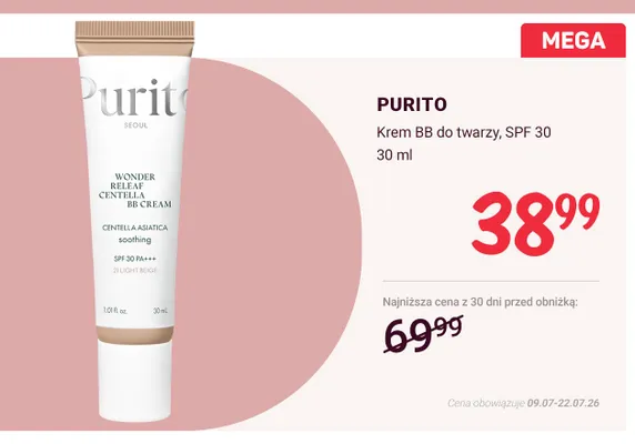 Krem BB do twarzy Purito SPF 30 promocja w Rossmann