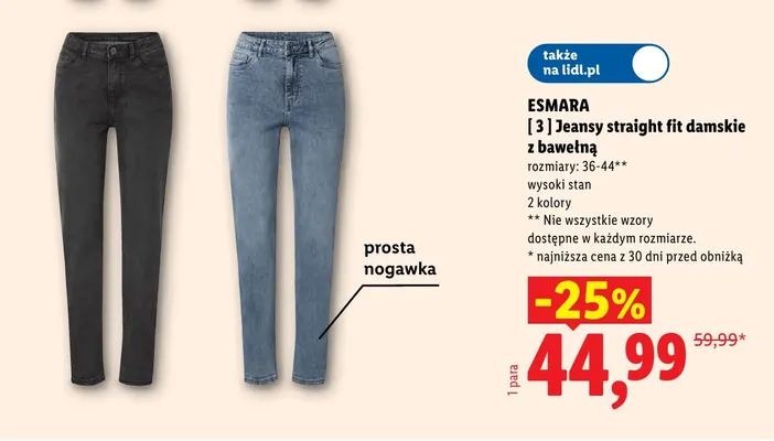 Jeansy straight fit damskie z bawełną Esmara czarne promocja w Lidl