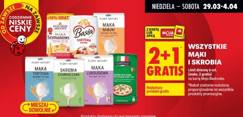 Wszystkie mąki i skrobia 2+1 GRATIS promocja w Biedronka