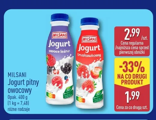 Jogurt pitny owocowy truskawkowy Milsani promocja w Aldi