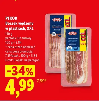 Boczek wędzony parzony w plastrach XXL Pikok promocja w Lidl