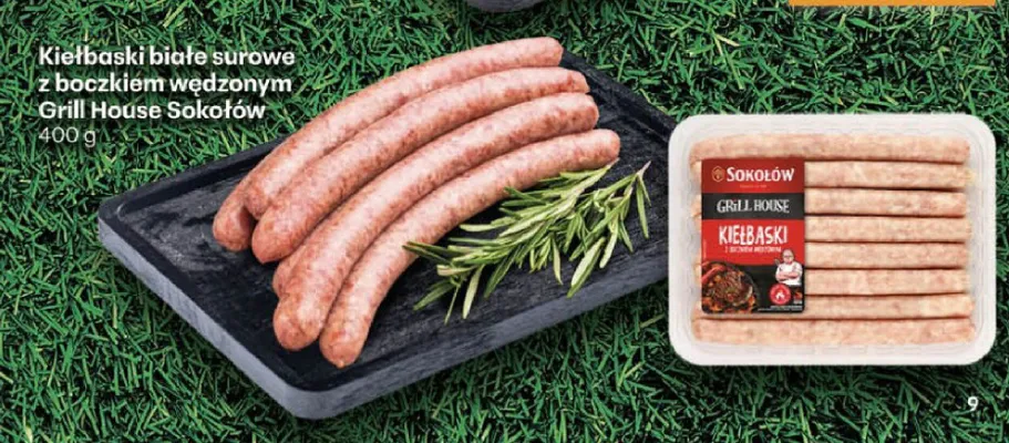 Kiełbaski białe surowe z boczkiem wędzonym Grill House Sokołów promocja w Delikatesy Centrum