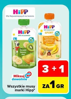 Mus owocowy HiPP Sport banany gruszki pomarańcza mango z ryżem promocja w Carrefour