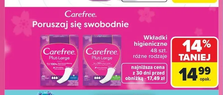 Wkładki higieniczne Carefree Plus Large promocja w Carrefour