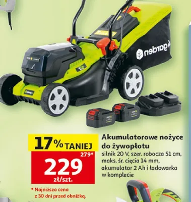 Akumulatorowe nożyce do żywopłotu silnik 20V szer. robocza 51cm maks. śr. cięcia 14mm akumulator 2Ah i ładowarka w komplecie promocja w Auchan