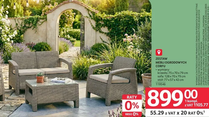 Zestaw mebli ogrodowych Corfu krzesło: 75x70x79cm, sofa: 128x70x79cm, stół: 77x57x42cm, 119546 promocja w Selgros