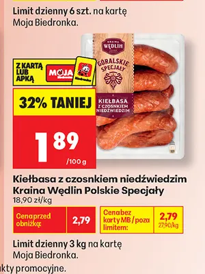 Kiełbasa z czosnkiem niedźwiedzim Kraina Wędlin Polskie Specjały promocja w Biedronka