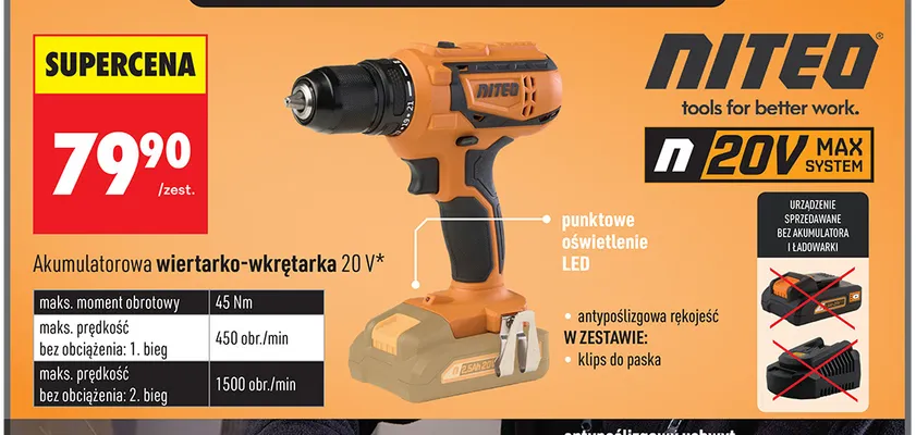 Akumulatorowa wiertarko-wkrętarka Niteo promocja w Biedronka