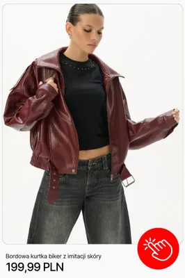 Bordowa kurtka biker z imitacji skóry Cropp promocja w Cropp