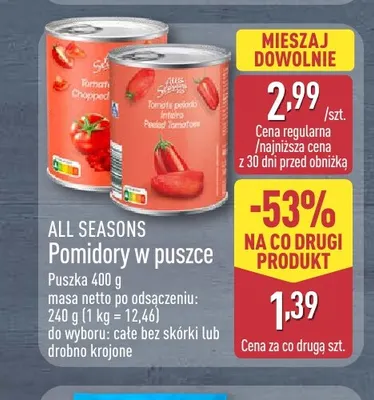Pomidory w puszce całe bez skórki All Seasons promocja w Aldi
