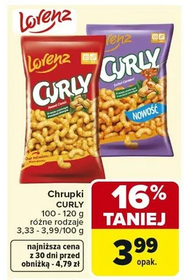 Chrupki CURLY 100-120 g różne rodzaje promocja w Carrefour