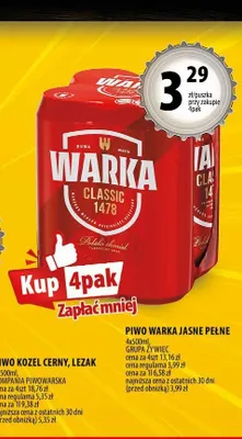 Piwo Warka Jasne Pełne 4-pak 500 ml promocja w Arhelan