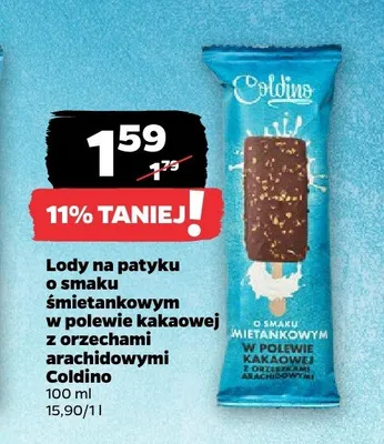 Lody na patyku o smaku śmietankowym w polewie kakaowej z orzechami arachidowymi Coldino promocja w Netto