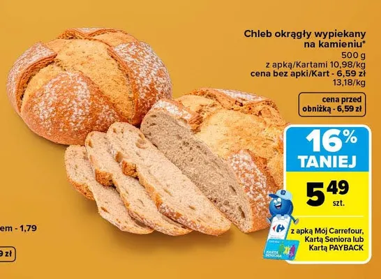 Chleb okrągły wypiekany na kamieniu promocja w Carrefour Market