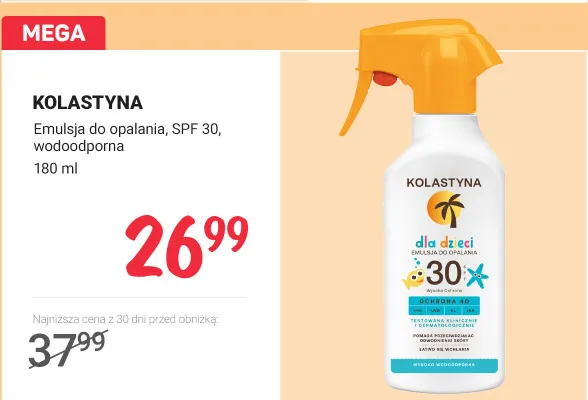 Emulsja do opalania Kolastyna SPF 30 wodoodporna promocja w Rossmann