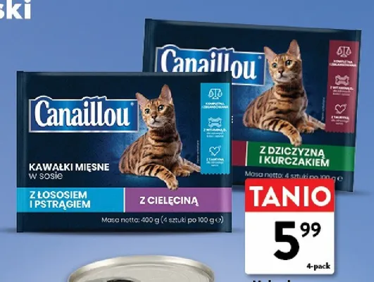 Mokra karma dla kotów kawałki mięsne w sosie z łososiem i pstrągiem z cielęciną Canaillou 4-pak promocja w Intermarche
