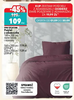 Pościel z adamaszku Pure Collection 140x200 cm promocja w Biedronka Home