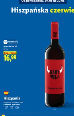 Wino Tempranillo Baby Bull czerwone wytrawne promocja w Lidl