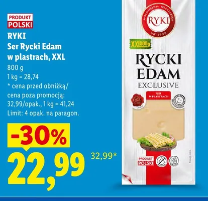 Ser Rycki Edam Exclusive w plastrach XXL Ryki promocja w Lidl