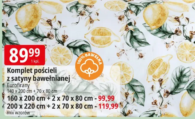 Komplet pościeli z satyny bawełnianej Eurofirany 140 x 200 cm + 70 x 80 cm promocja w Leclerc