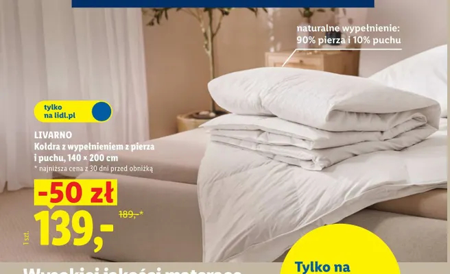 Kołdra z wypełnieniem z pierza i puchu 140x200 cm Livarno promocja w Lidl