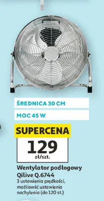 Wentylator podłogowy Qilive Q.6744 średnica 30cm moc 45W 3 ustawienia prędkości możliwość ustawienia nachylenia do 120 st. promocja w Auchan