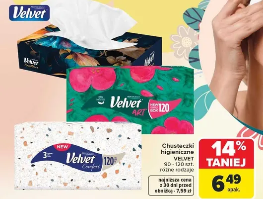 Chusteczki higieniczne Velvet 90 - 120 szt. różne rodzaje promocja w Carrefour