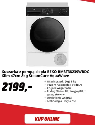 Suszarka z pompą ciepła Beko BM3T38239WBDC Slim 47 cm 8 kg SteamCure AquaWave promocja w Media Markt