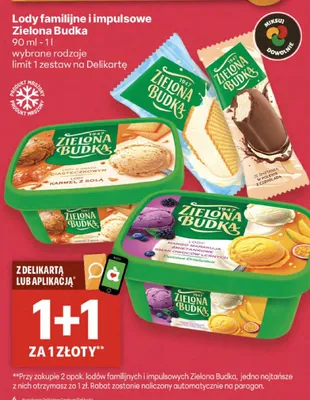 Lody o smaku ciasteczkowym karmel z solą Zielona Budka promocja w Delikatesy Centrum