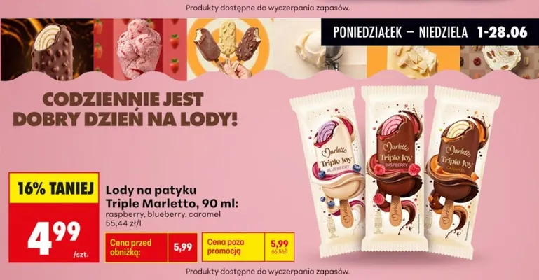Lody na patyku Triple Marletto blueberry promocja w Biedronka