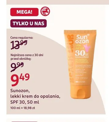 Lekki krem do opalania Sunozon SPF 30 promocja w Rossmann