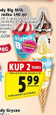 Lody Big Milk w rożku ciasteczko Algida promocja w Prim Market