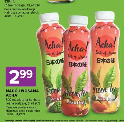 Napój Wosana Acha! zielona herbata Lychee promocja w Stokrotka