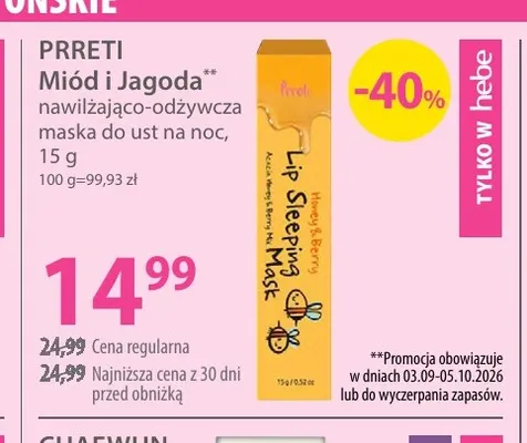Miód i Jagoda nawilżająco-odżywcza maska do ust na noc Prreti promocja w Hebe