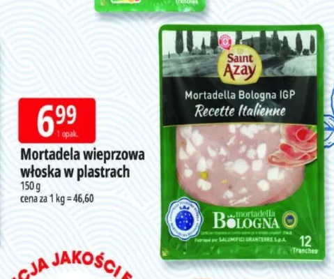 Mortadela wieprzowa włoska w plastrach Saint Azay promocja w Leclerc