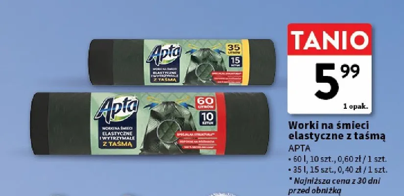 Worki na śmieci elastyczne z taśmą Apta 35l promocja w Intermarche
