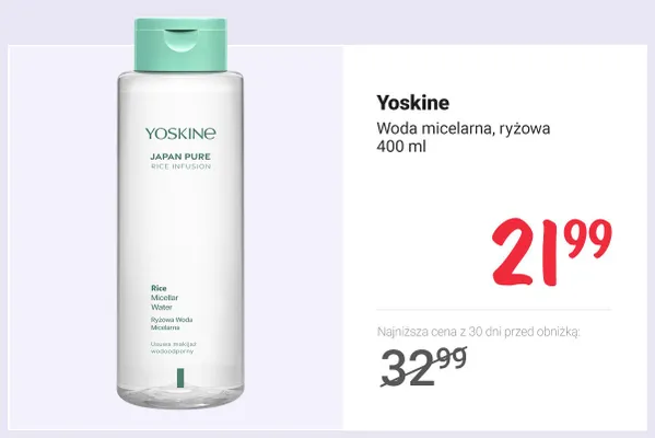 Woda micelarna ryżowa Yoskine Japan Pure promocja w Rossmann