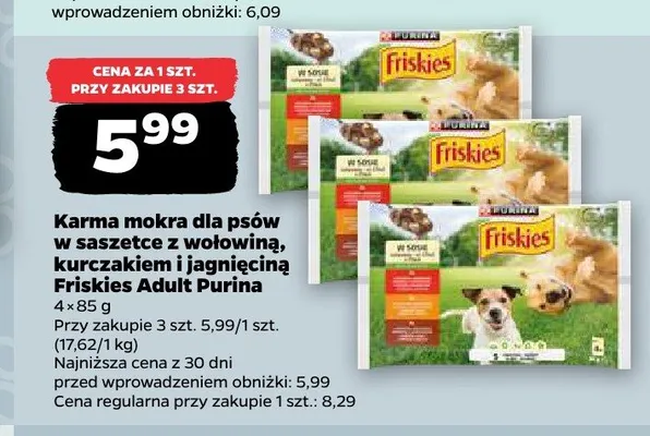 Karma mokra dla psów w saszetce z wołowiną, kurczakiem i jagnięciną Friskies Adult Purina 4-pak 85g promocja w Netto