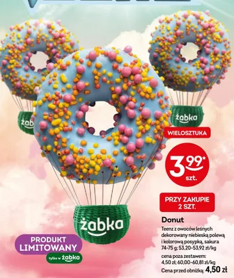 Donut Teenz z owoców leśnych dekorowany niebieską polewą i kolorową posypką promocja w Żabka