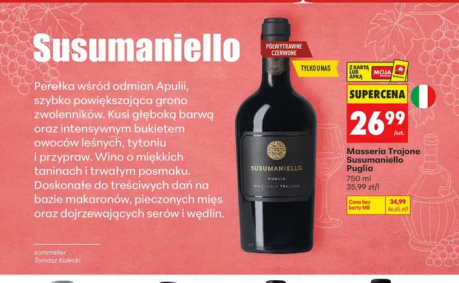 Wino czerwone Masseria Trajone Susumaniello Puglia promocja w Biedronka